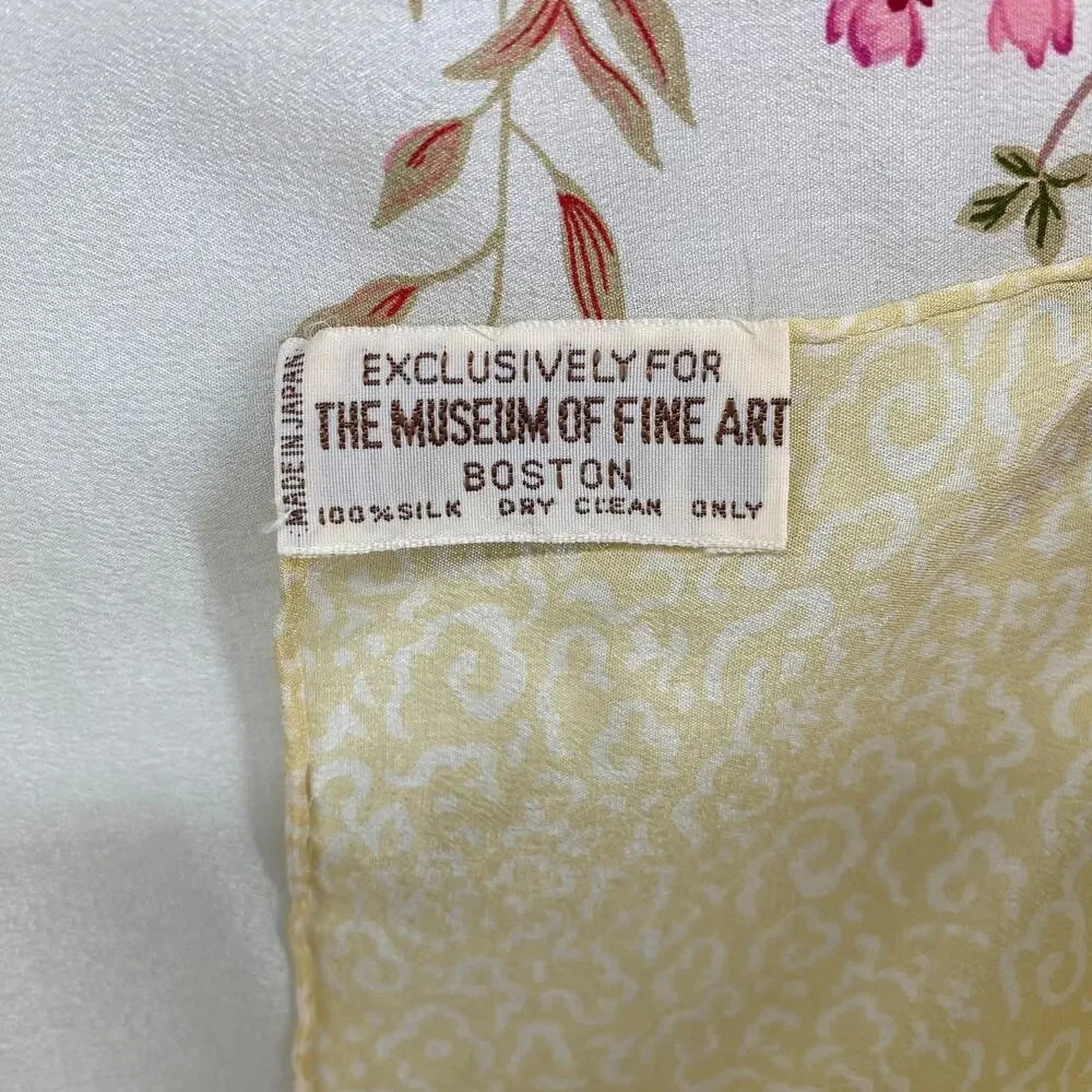 MUSEUM OF FINE ART Scarf 100% Silk Hand Rolled Floral Square Yellow VTG 32x32